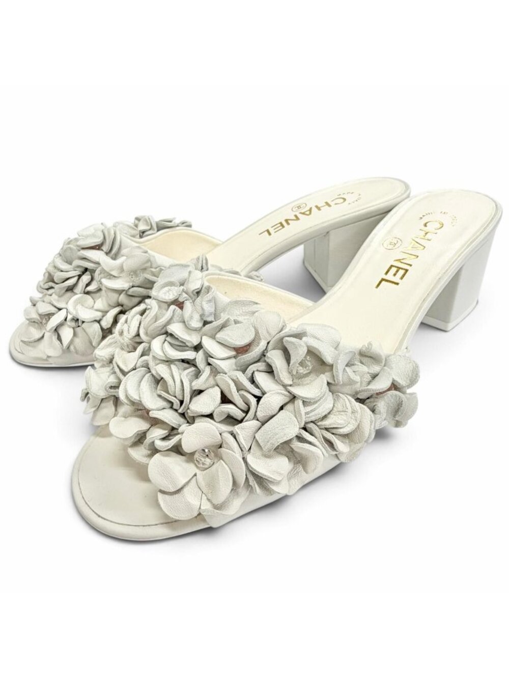 Chanel Leather CC Logo Beaded Flower Motif Sandals Light Gray Gold